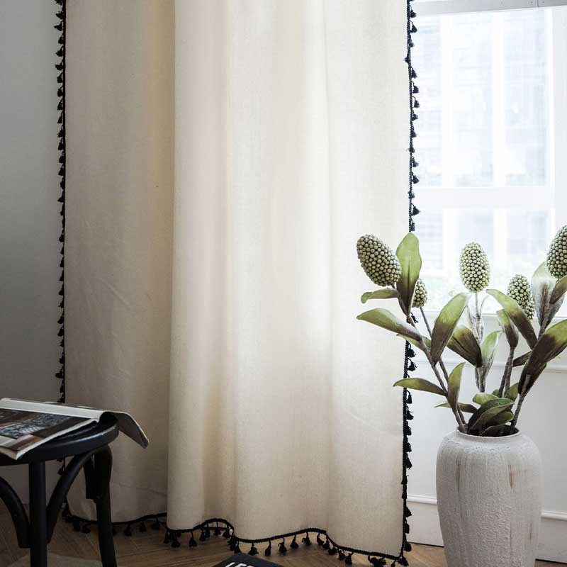 Cotton Linen Beige Curtain with Black Tassel | Stornfield