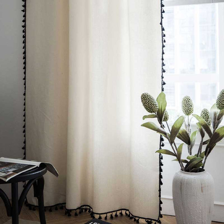 Cotton Linen Beige Curtain with Black Tassel | Stornfield