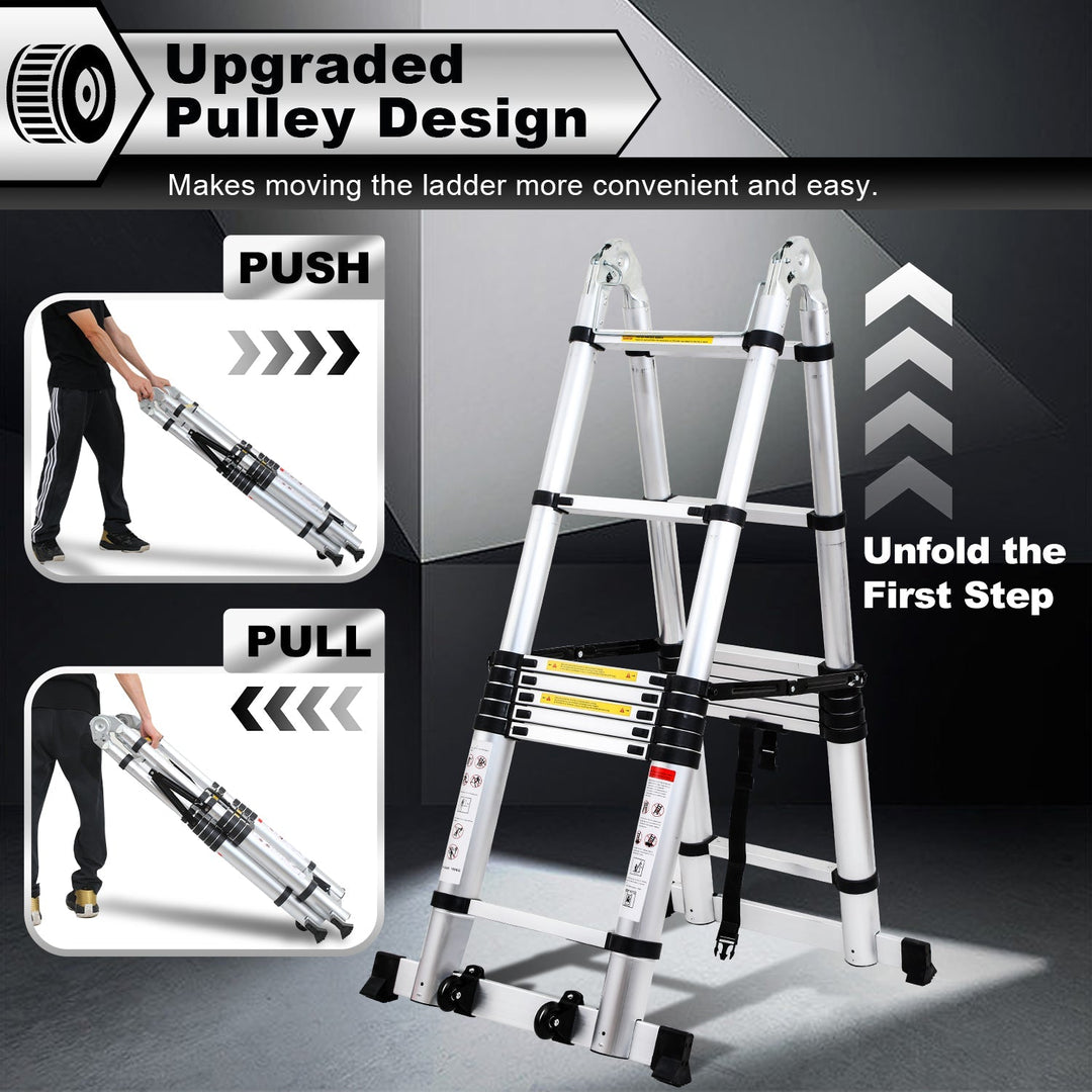 5M Aluminum Telescopic Ladder Folding Ladder with Wheels and Triangle Stabilizer | Stornfield