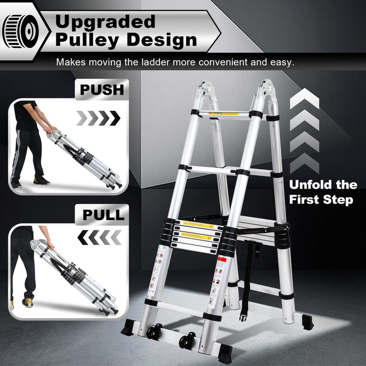 5M Aluminum Telescopic Ladder Folding Ladder with Wheels and Triangle Stabilizer | Stornfield