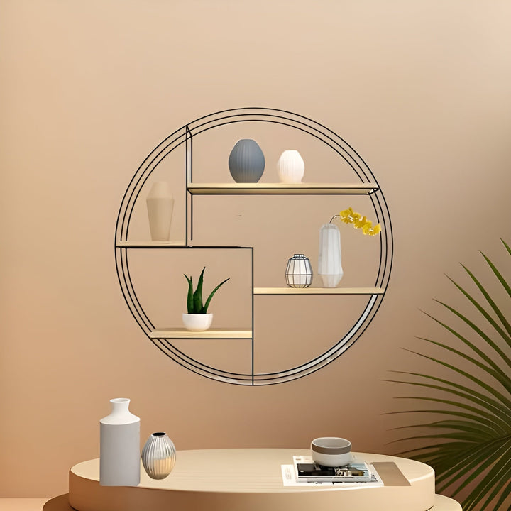 Round Wall Shelf with 4 Levels – Retro Design made of Wood & Metal | Decorative Hanging Shelf for Living Room, Bathroom & Bedroom | Stornfield