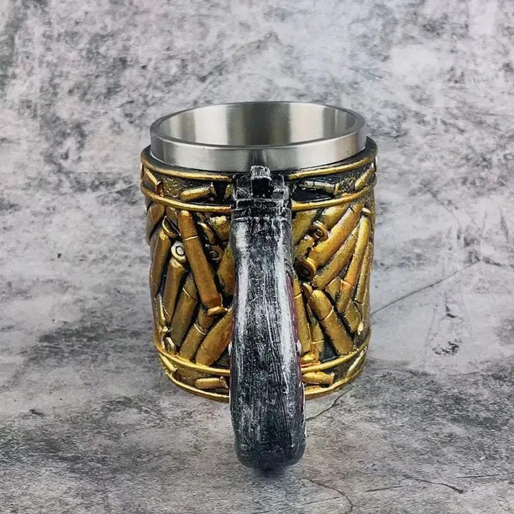 Revolver beer mug in stainless steel with unique bullet pattern | Stornfield