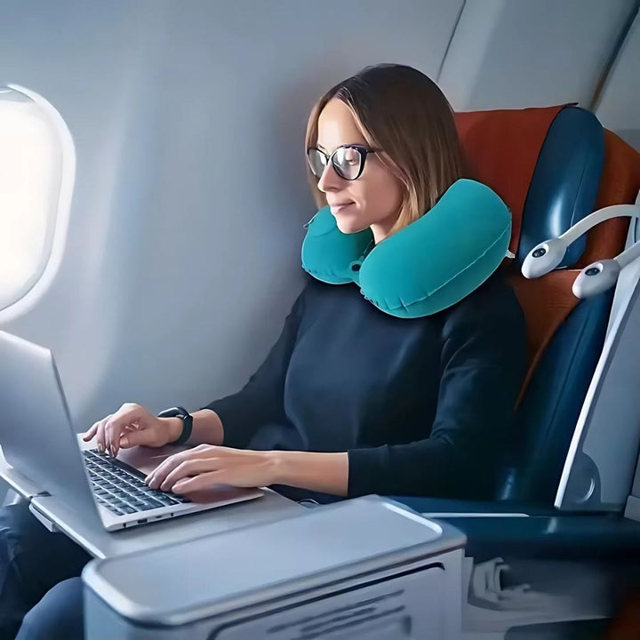 TravelThrive | Inflatable Travel Pillow – Adjustable Firmness – Soft Velvet Cover – Neck Pain Relief – Compact for All Travel Stornfield