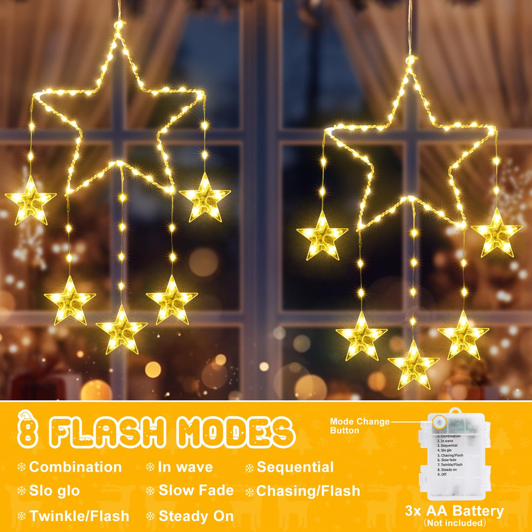 Stornfield | Quntis 2Pcs 95cm Large Christmas Window Lights, 84LED 12 Stars Battery Operated Twinkle Silhouette Star Lights with Timer Memory, 8 Modes Indoor Outdoor Hanging Decoration Christmas, Warm White
