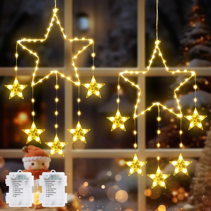 Stornfield | Quntis 2Pcs 95cm Large Christmas Window Lights, 84LED 12 Stars Battery Operated Twinkle Silhouette Star Lights with Timer Memory, 8 Modes Indoor Outdoor Hanging Decoration Christmas, Warm White