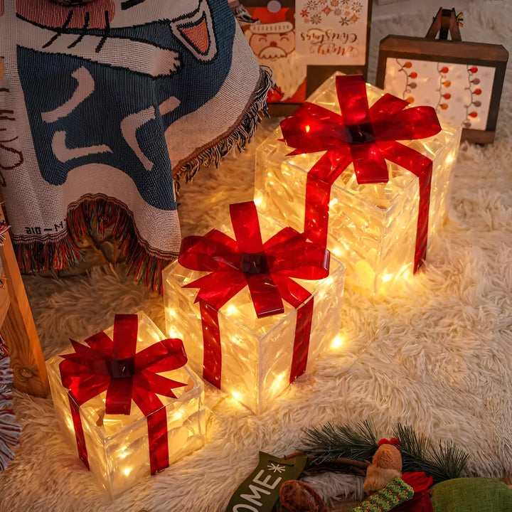 Bright gift boxes in a set of 3 – Transparent Christmas decoration with red ribbons | For indoors & outdoors | Stornfield