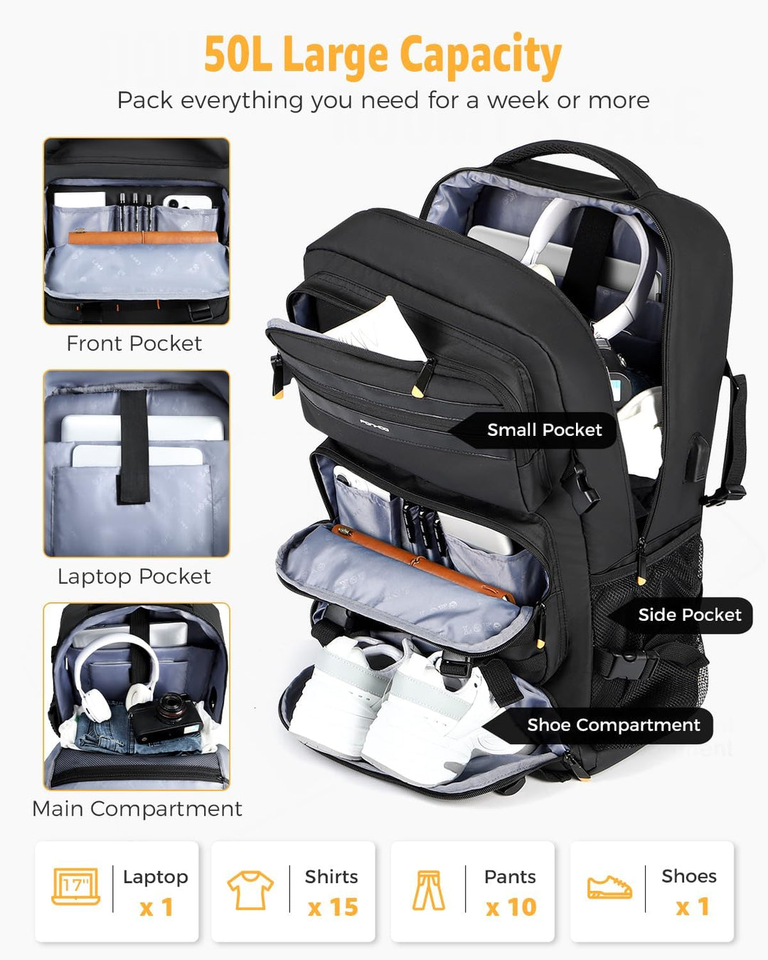 50L Flight-Ready Convertible Travel Backpack with Shoe Compartment & USB Port | Stornfield