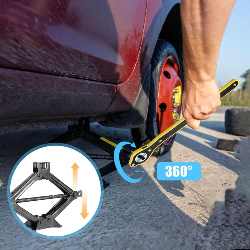 Heavy-Duty Scissor Jack Ratchet Wrench – 360° Rotating Tire Lift Tool with Cross Adapter Kit Stornfield
