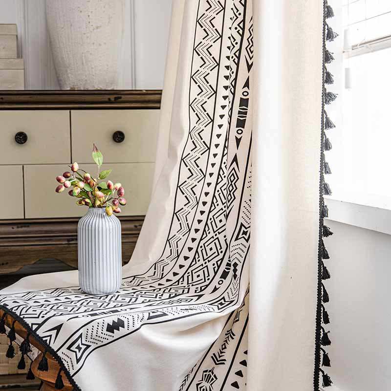 Geometric Tassel Curtain Semi Blackout Drapes in Cotton Blend | Stornfield