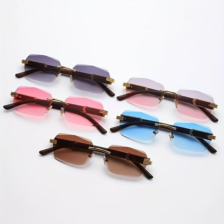 Rimless Sunglasses with Rectangular Lenses and Faux Wood Temples – Verro | Stornfield