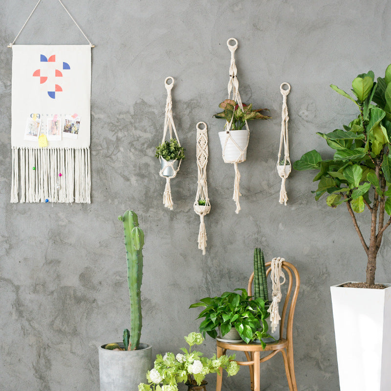 Macrame Plant Hanger Set made of cotton yarn hand-knotted with wooden ring and variable lengths