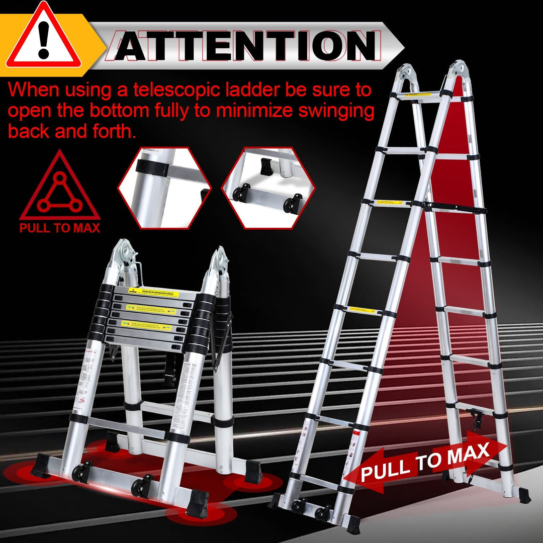 5M Aluminum Telescopic Ladder Folding Ladder with Wheels and Triangle Stabilizer | Stornfield