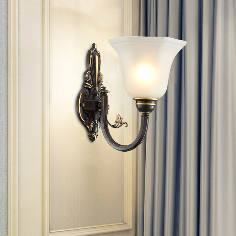 Curved Arm Corridor Wall Lamp Traditional Metal 1/2-Head Brass/Black and Gold Sconce Light with Flared Frosted Glass Shade | Stornfield