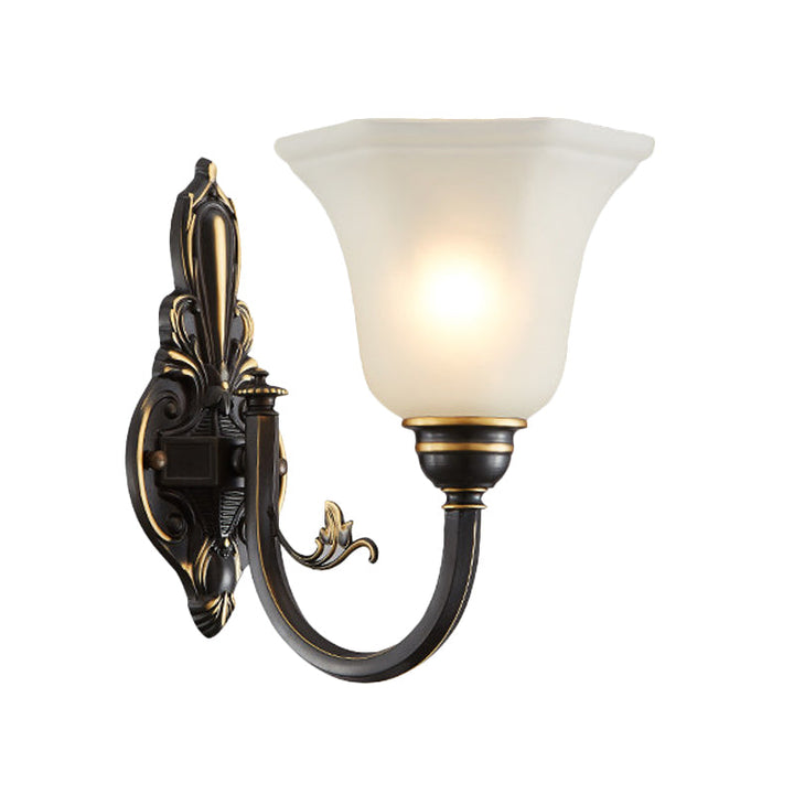 Curved Arm Corridor Wall Lamp Traditional Metal 1/2-Head Brass/Black and Gold Sconce Light with Flared Frosted Glass Shade | Stornfield