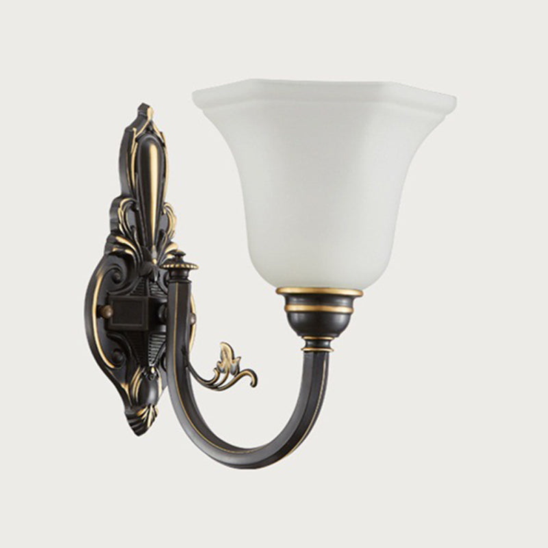 Curved Arm Corridor Wall Lamp Traditional Metal 1/2-Head Brass/Black and Gold Sconce Light with Flared Frosted Glass Shade | Stornfield