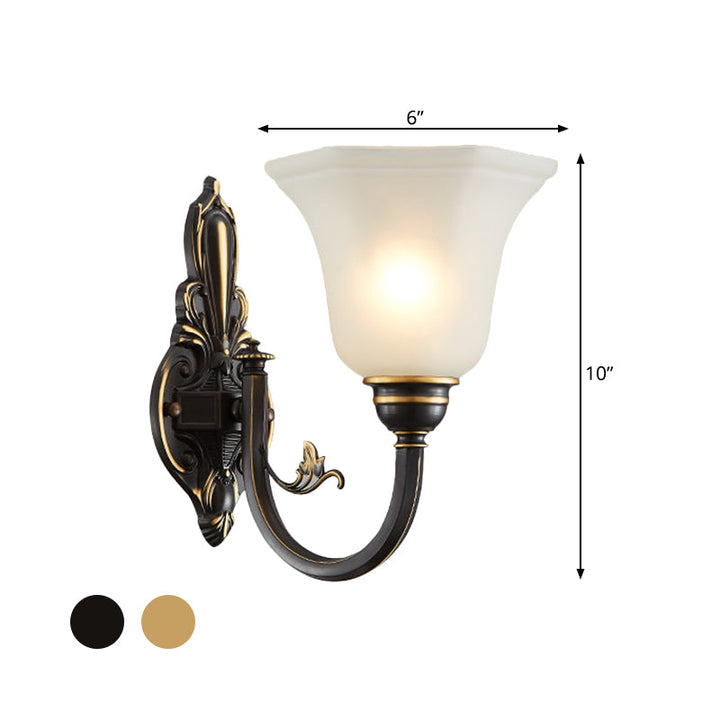 Curved Arm Corridor Wall Lamp Traditional Metal 1/2-Head Brass/Black and Gold Sconce Light with Flared Frosted Glass Shade | Stornfield