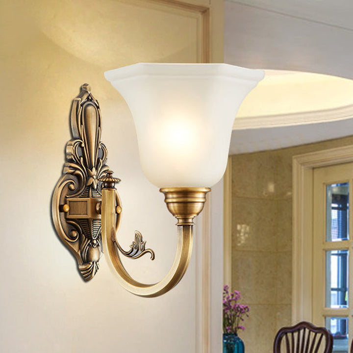 Curved Arm Corridor Wall Lamp Traditional Metal 1/2-Head Brass/Black and Gold Sconce Light with Flared Frosted Glass Shade | Stornfield