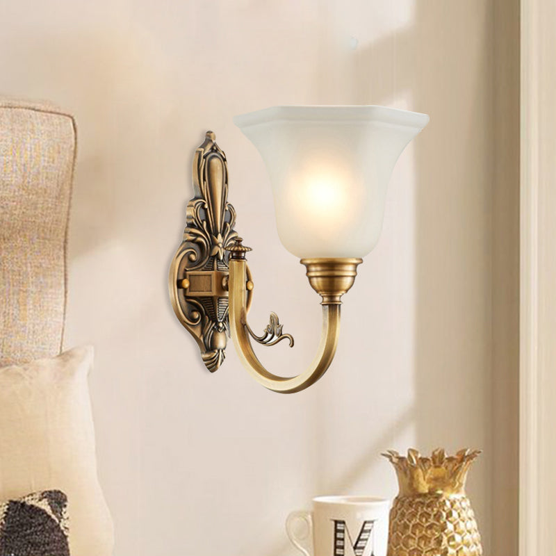 Curved Arm Corridor Wall Lamp Traditional Metal 1/2-Head Brass/Black and Gold Sconce Light with Flared Frosted Glass Shade | Stornfield