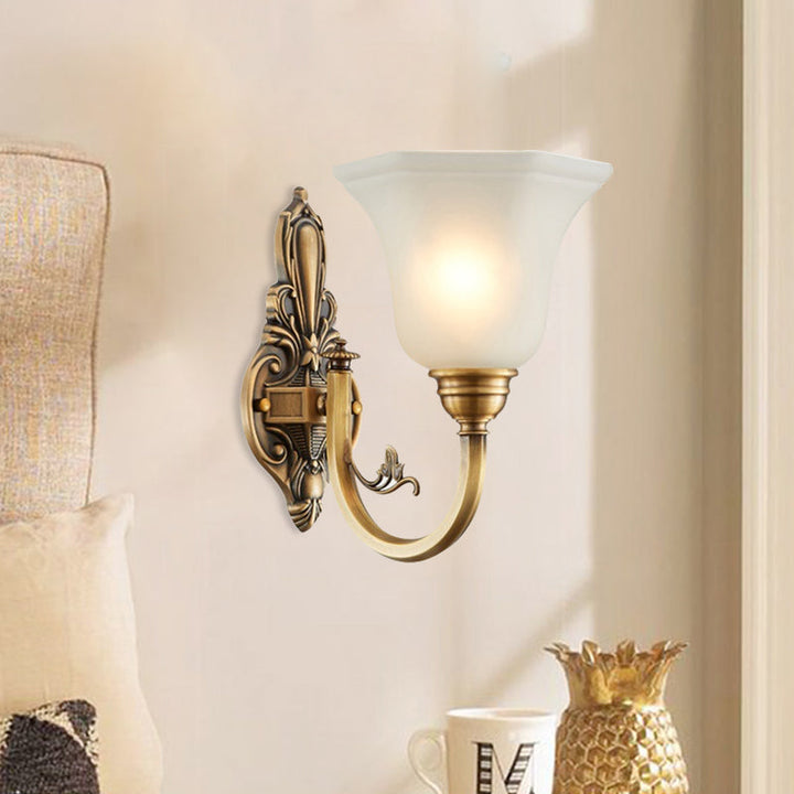 Curved Arm Corridor Wall Lamp Traditional Metal 1/2-Head Brass/Black and Gold Sconce Light with Flared Frosted Glass Shade | Stornfield