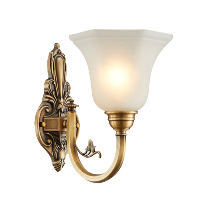 Curved Arm Corridor Wall Lamp Traditional Metal 1/2-Head Brass/Black and Gold Sconce Light with Flared Frosted Glass Shade | Stornfield