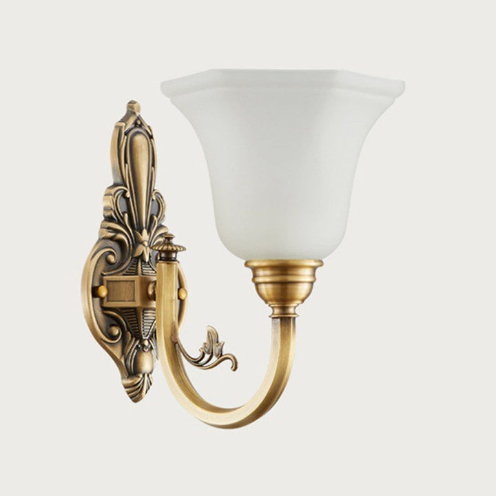 Curved Arm Corridor Wall Lamp Traditional Metal 1/2-Head Brass/Black and Gold Sconce Light with Flared Frosted Glass Shade | Stornfield
