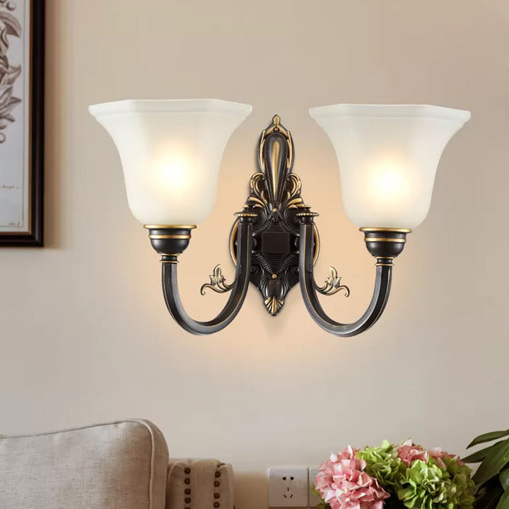 Curved Arm Corridor Wall Lamp Traditional Metal 1/2-Head Brass/Black and Gold Sconce Light with Flared Frosted Glass Shade | Stornfield