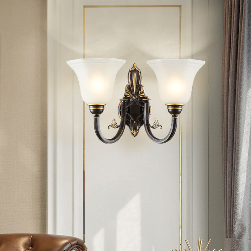 Curved Arm Corridor Wall Lamp Traditional Metal 1/2-Head Brass/Black and Gold Sconce Light with Flared Frosted Glass Shade | Stornfield