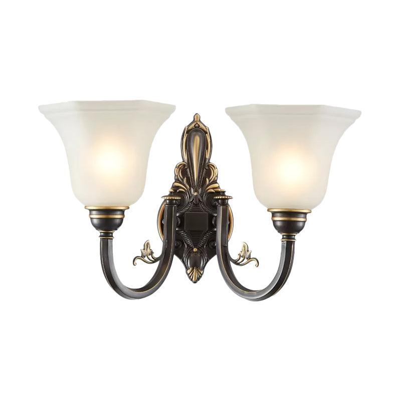 Curved Arm Corridor Wall Lamp Traditional Metal 1/2-Head Brass/Black and Gold Sconce Light with Flared Frosted Glass Shade | Stornfield