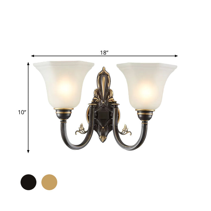 Curved Arm Corridor Wall Lamp Traditional Metal 1/2-Head Brass/Black and Gold Sconce Light with Flared Frosted Glass Shade | Stornfield
