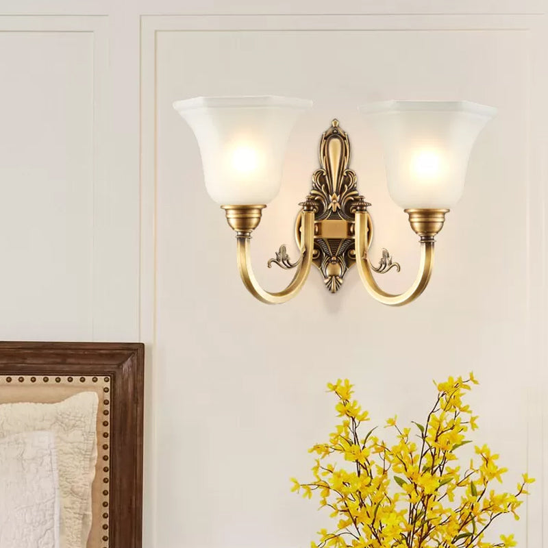 Curved Arm Corridor Wall Lamp Traditional Metal 1/2-Head Brass/Black and Gold Sconce Light with Flared Frosted Glass Shade | Stornfield
