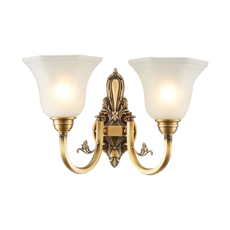 Curved Arm Corridor Wall Lamp Traditional Metal 1/2-Head Brass/Black and Gold Sconce Light with Flared Frosted Glass Shade | Stornfield