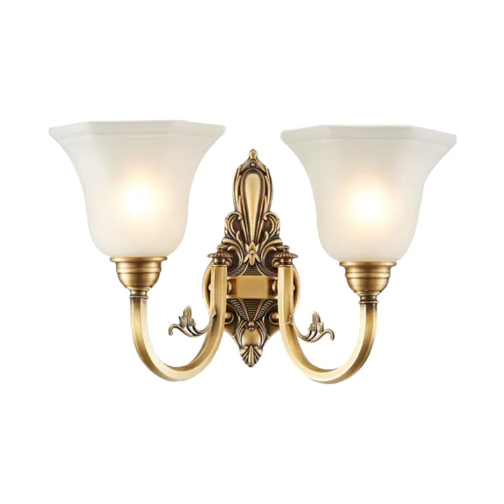 Curved Arm Corridor Wall Lamp Traditional Metal 1/2-Head Brass/Black and Gold Sconce Light with Flared Frosted Glass Shade | Stornfield