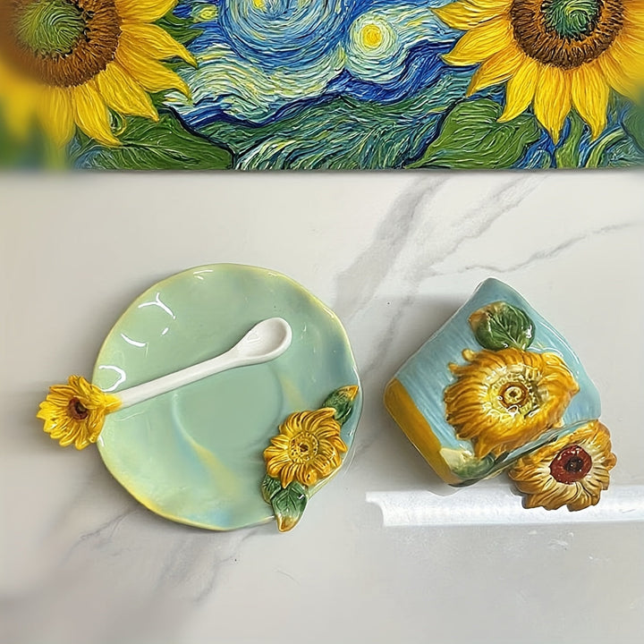 ArtSip Ceramic Mug & Saucer Set – Hand-painted 3D Design inspired by Van Gogh | Stornfield
