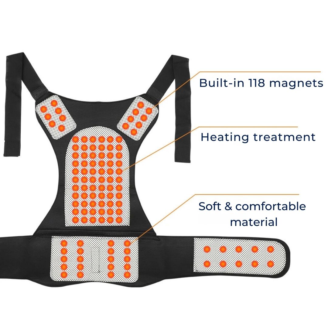 MagniTherm Self-Heating Back Support | Adjustable Heated Posture Corrector - Back Pain Relief - Posture Improvement Stornfield