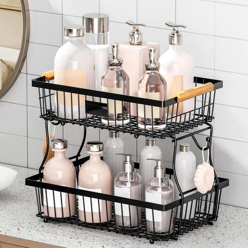 Stornfield | 2-Tier Metal Fruit & Vegetable Storage Rack with Hooks
