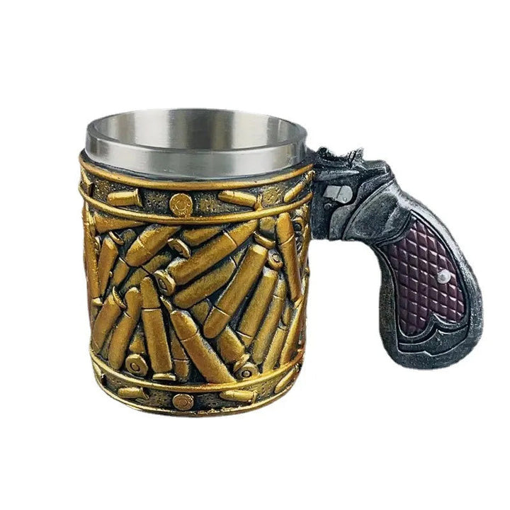 Revolver beer mug in stainless steel with unique bullet pattern | Stornfield