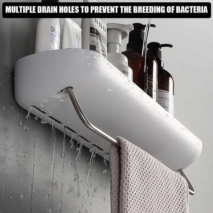 Wall-mounted shower shelf without drilling – With towel holder & drainage holes | Stornfield