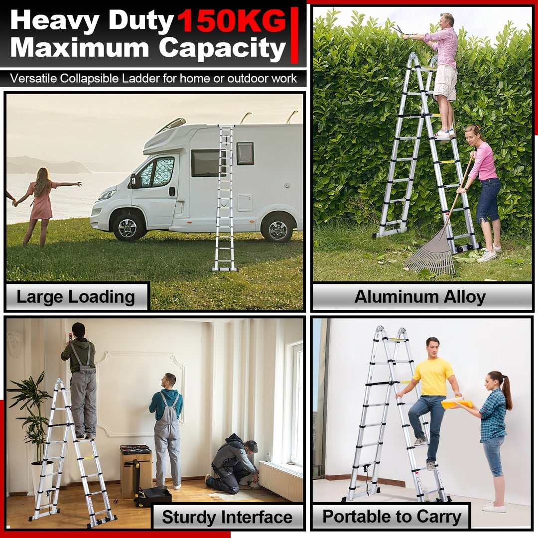 5M Aluminum Telescopic Ladder Folding Ladder with Wheels and Triangle Stabilizer | Stornfield