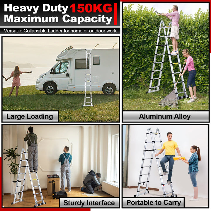 5M Aluminum Telescopic Ladder Folding Ladder with Wheels and Triangle Stabilizer | Stornfield