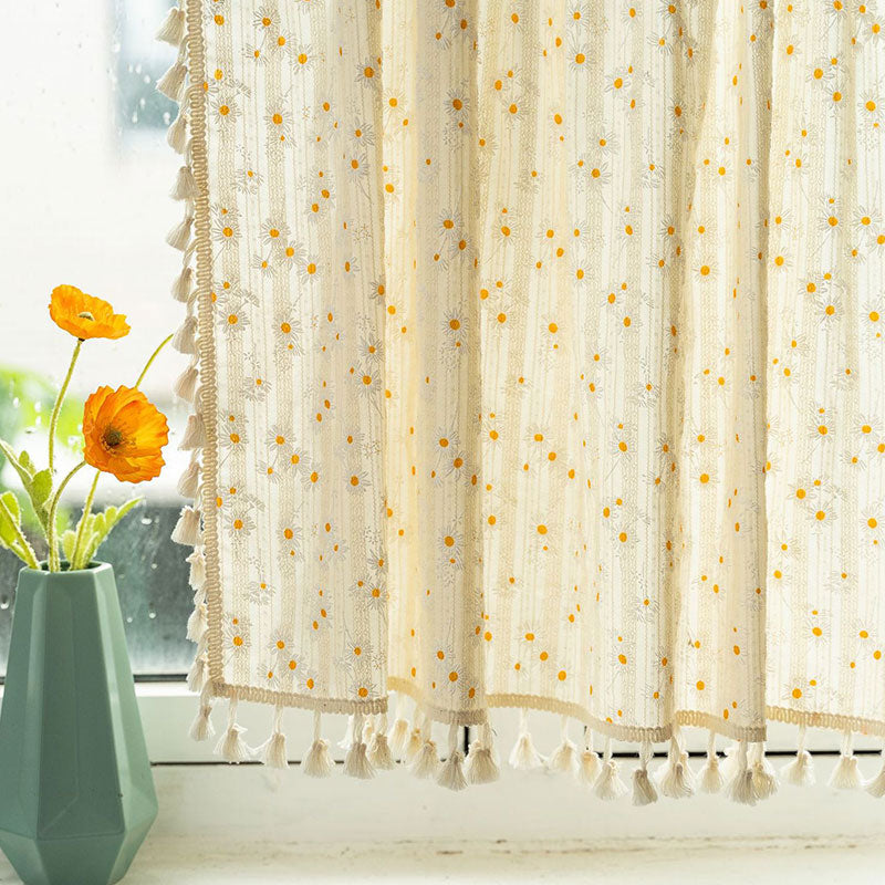 Beige Daisy Pattern Tier Curtain in Cotton Linen Fabric | Stornfield