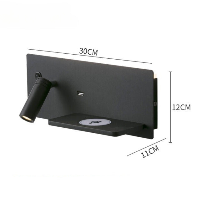 Modern LED wall lamp with USB connection, wall lamp with shelf for bedroom & office | Stornfield