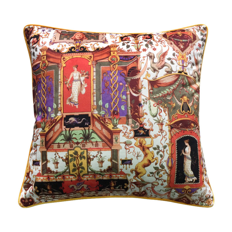 Vintage Equestrian Square Throw Pillow Cover with Piped Velvet Trim and Hidden Zipper