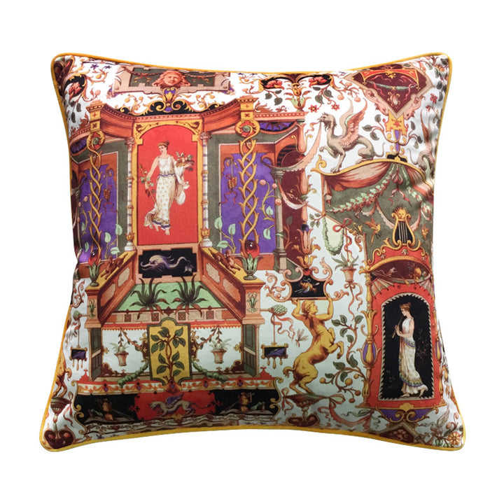 Vintage Equestrian Square Throw Pillow Cover with Piped Velvet Trim and Hidden Zipper
