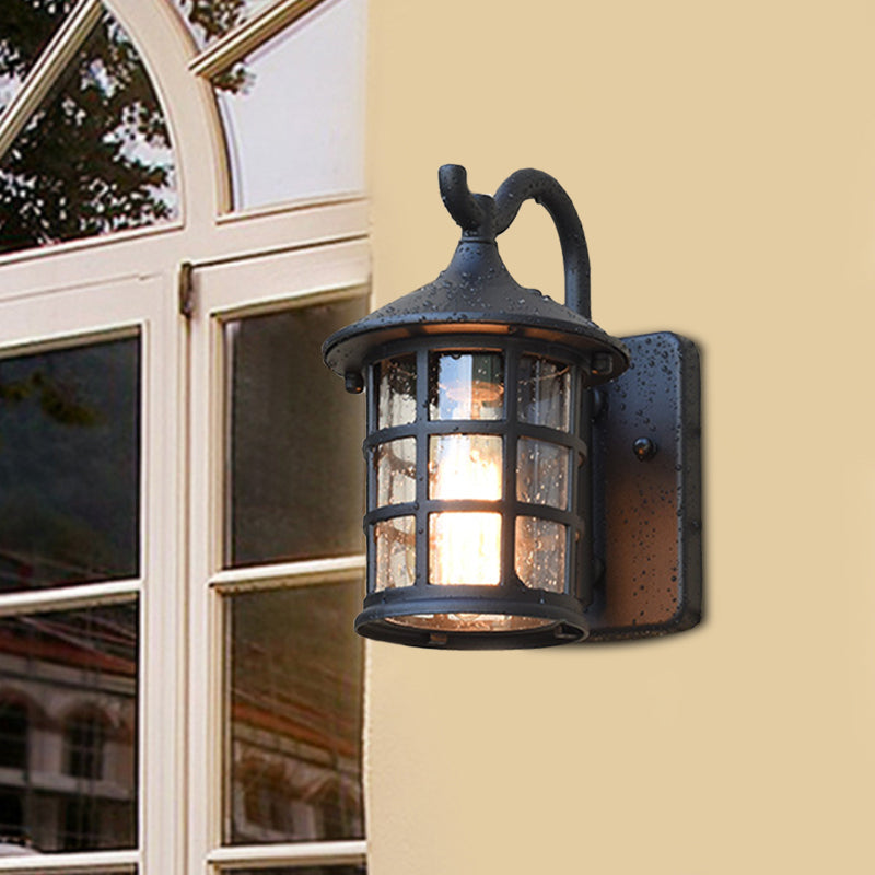 Seeded Glass Lantern Wall Lamp Countryside Single Light Outdoor Wall Light in Bronze/Black | Stornfield
