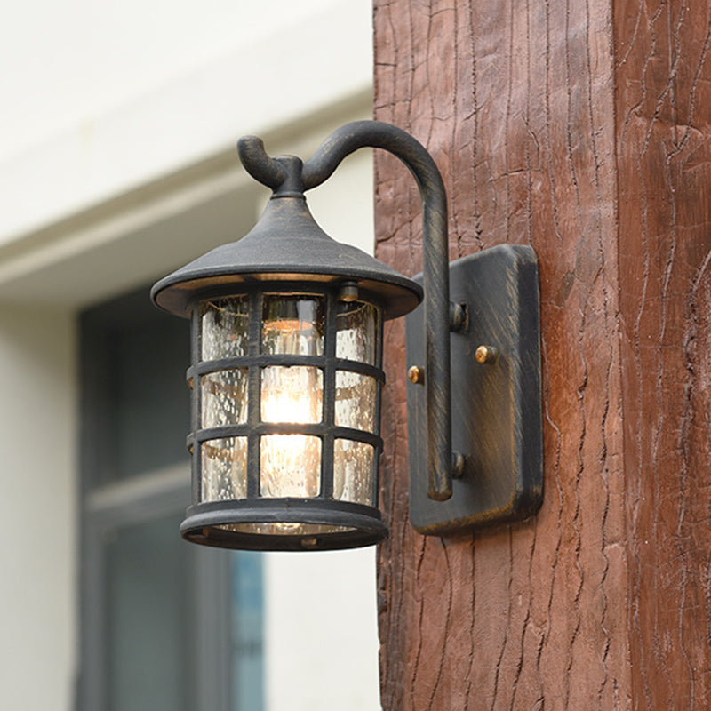 Seeded Glass Lantern Wall Lamp Countryside Single Light Outdoor Wall Light in Bronze/Black | Stornfield