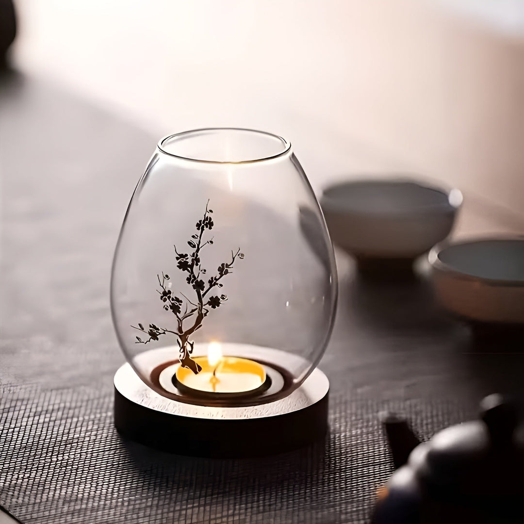 2-piece set glass candle holders with wooden base - decorative in retro zen style | perfect for living room, taStornfielde decoration and outdoor | Stornfield