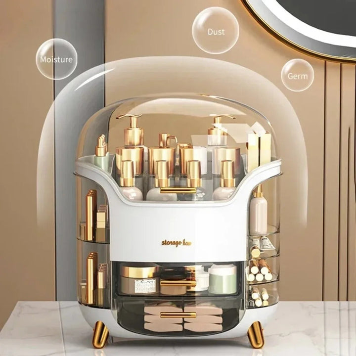 Luxury Transparent Makeup Organizer with Rotating Doors and Drawers | Stornfield