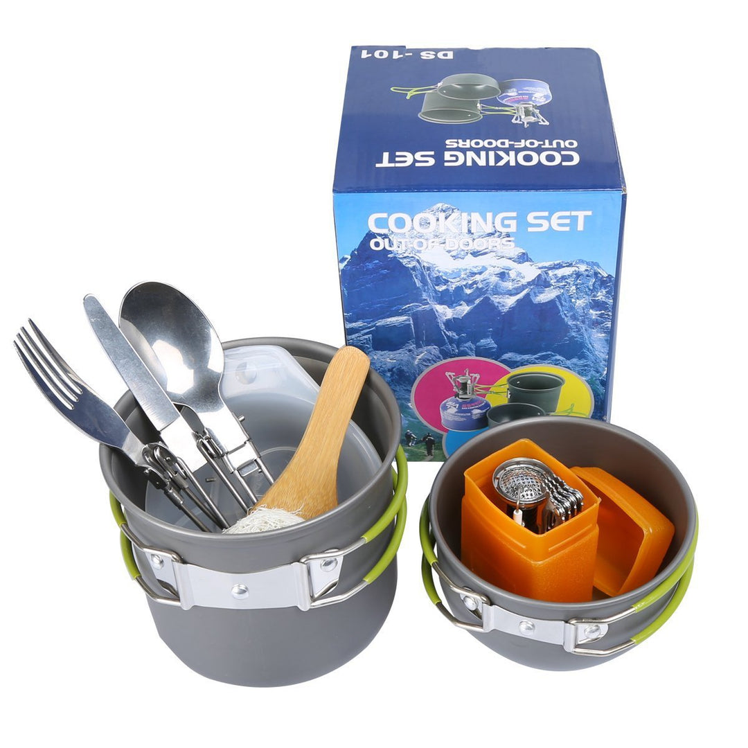 compact lightweight camping cookware and backpacking cook set with folding stove and nesting non-stick pots Stornfield