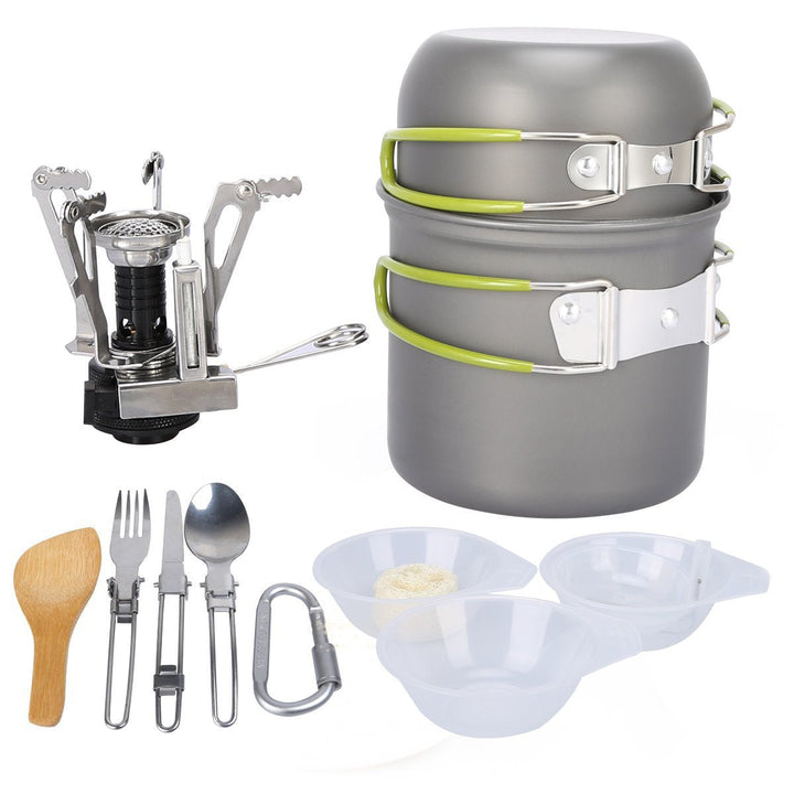 compact lightweight camping cookware and backpacking cook set with folding stove and nesting non-stick pots Stornfield