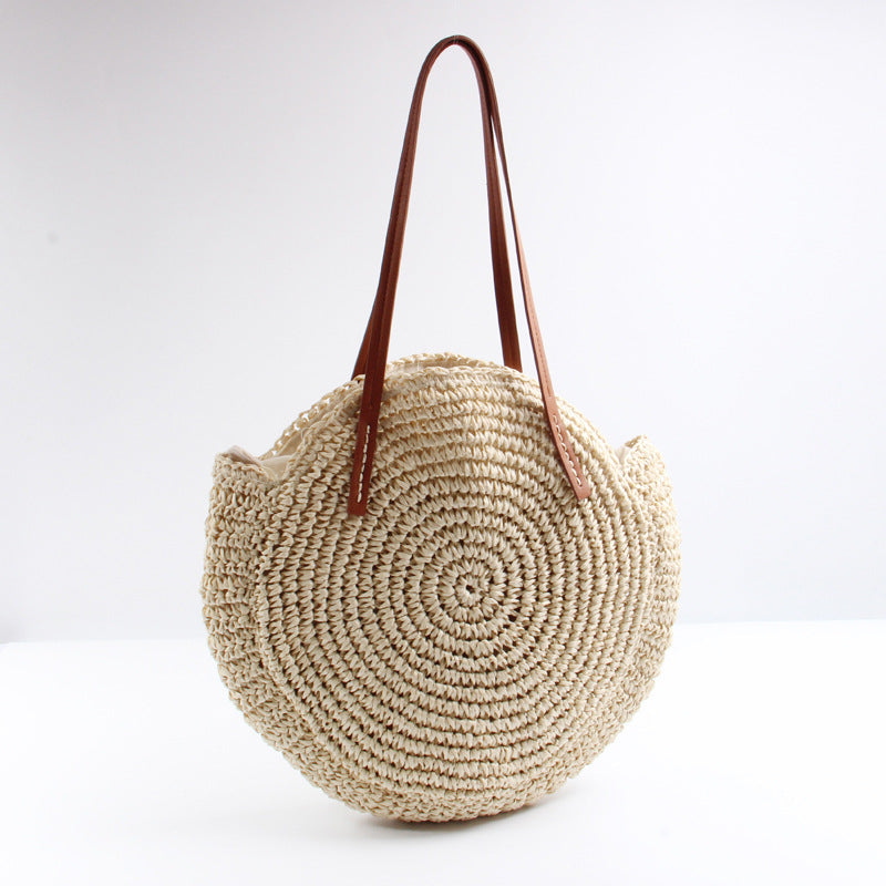 Handcrafted Round Basket Bag with Short Leather Handles Stornfield
